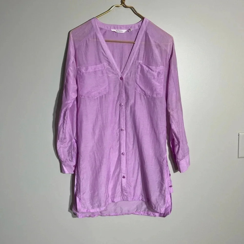 Athleta Womens XXS Orchid Purple Button Down‎ V-Neck Tunic Long Sleeve Top